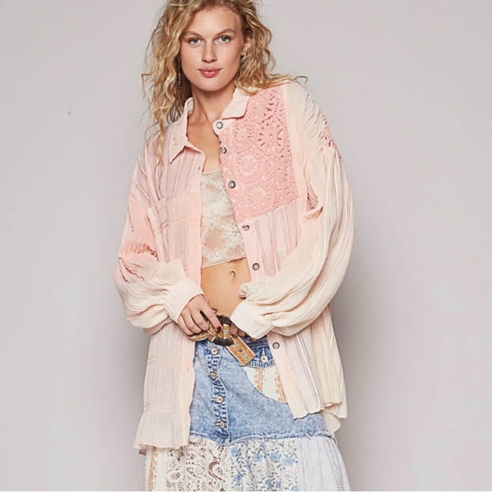 POL Light Pink Button Down Shirt with Crochet Accents